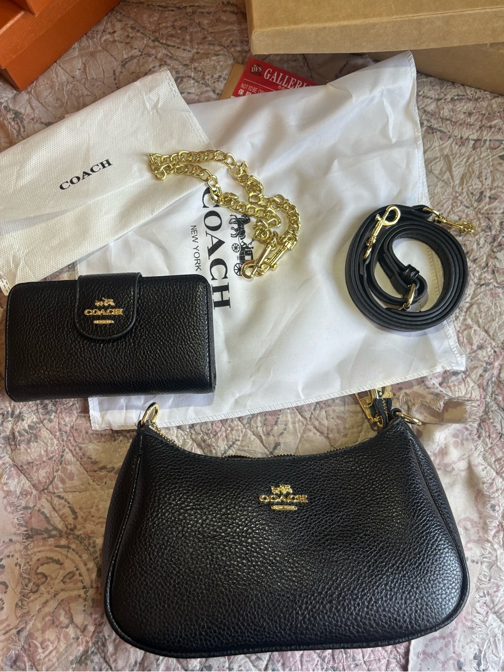 Coach Black Pebbled Leather Shoulder Bag with Matching Wallet and Gold Hardware